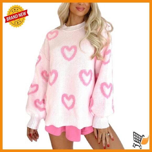 Oversized Heart Print Sweater Long Sleeve Pullover Polyester Blend - Picture 2 of 8